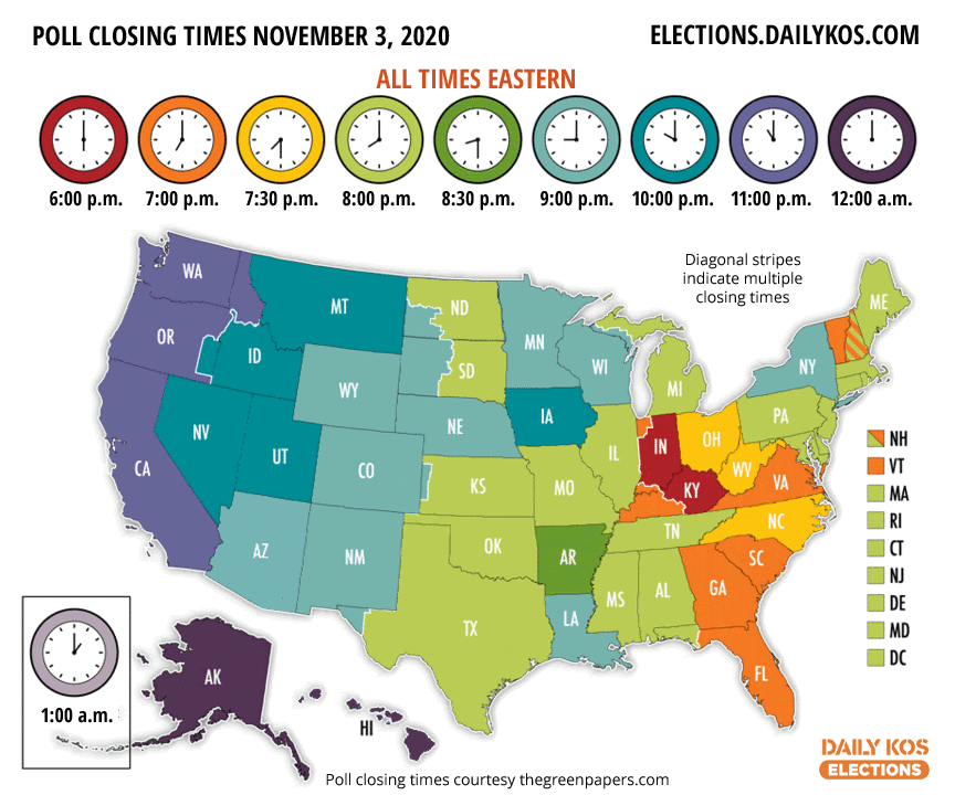November 3rd, 2020 Poll Closing Times Map